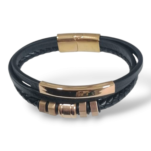 دستبند مردانه چرمی دولاین با پلاک و قفل استیل